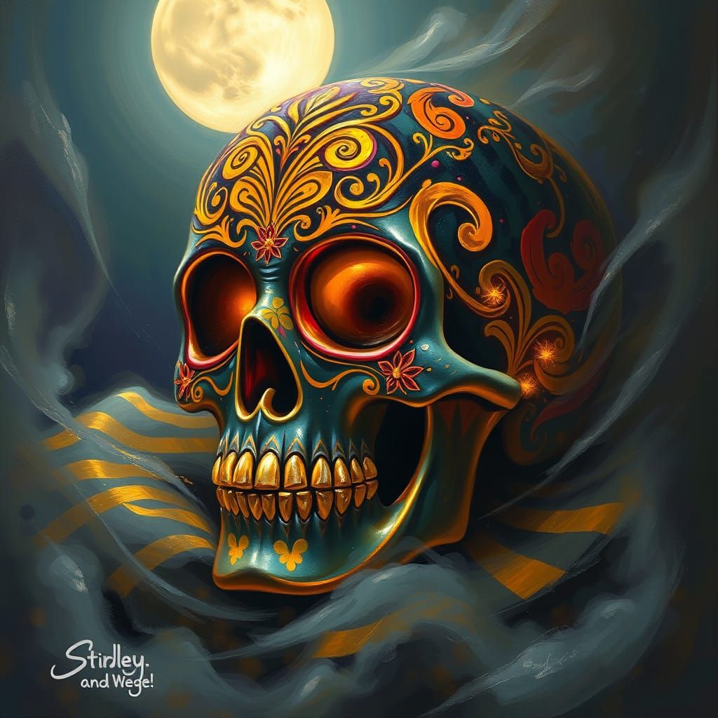 Surreal Golden Sugar Skull in Moonlit Fog