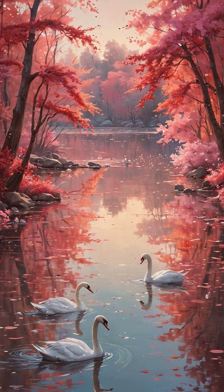 Serene Lake Landscape with Majestic Swans