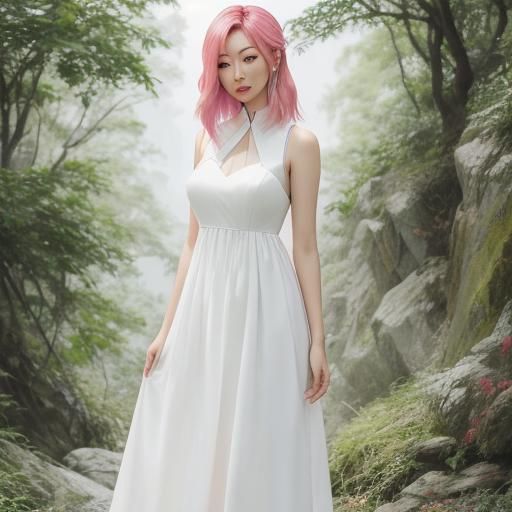 Asian Girl with Pink Hair and Green Eyes