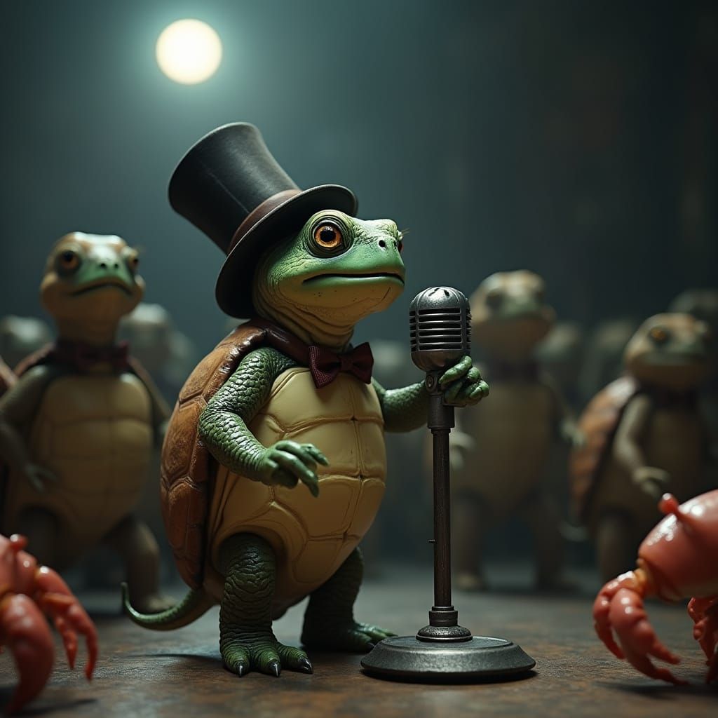 A child turtle singing in a school talent show, blending Tim...