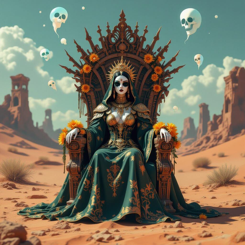 Regal Queen on Bone Throne in Surreal Desert