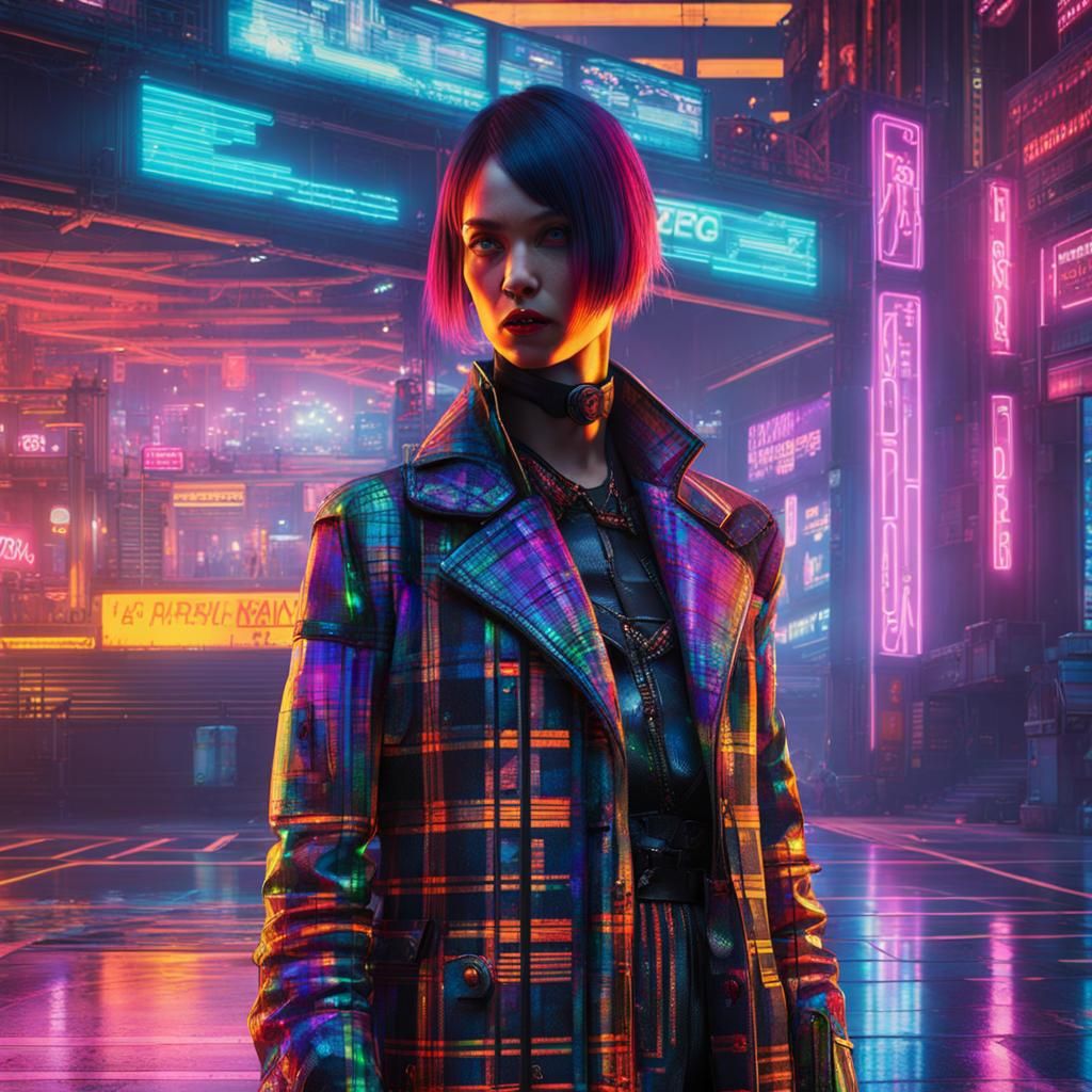 Woman in Plaid Dress in Cyberpunk Style