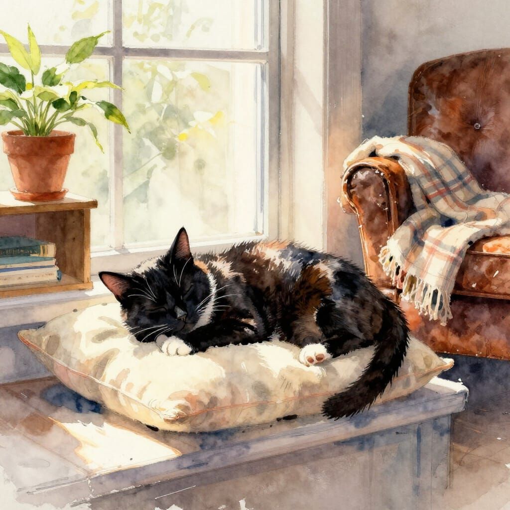 Black Cat Sleeping in Sunlit Window, Watercolor Style