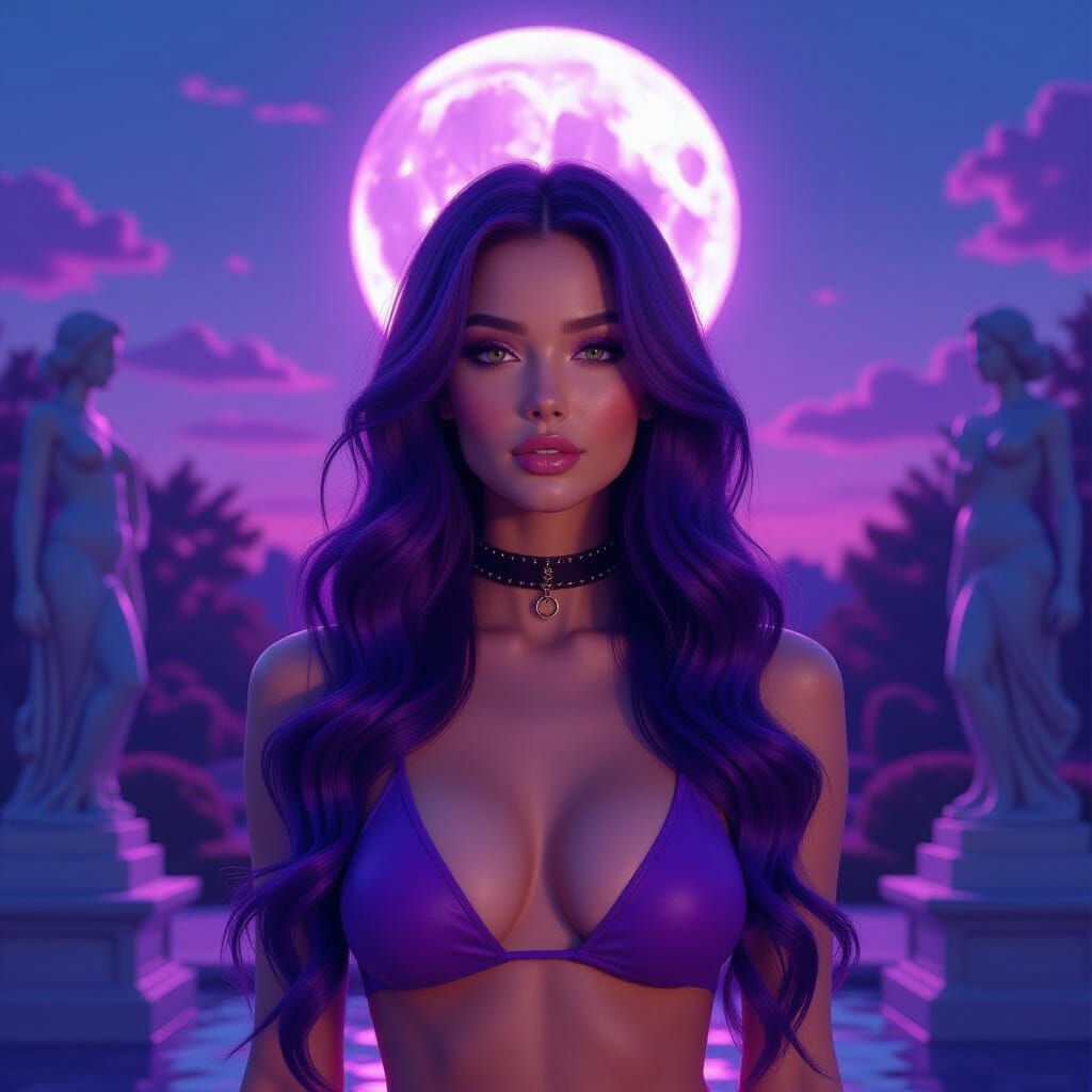 Woman with Purple Hair in Neon Garden, Photorealistic Style