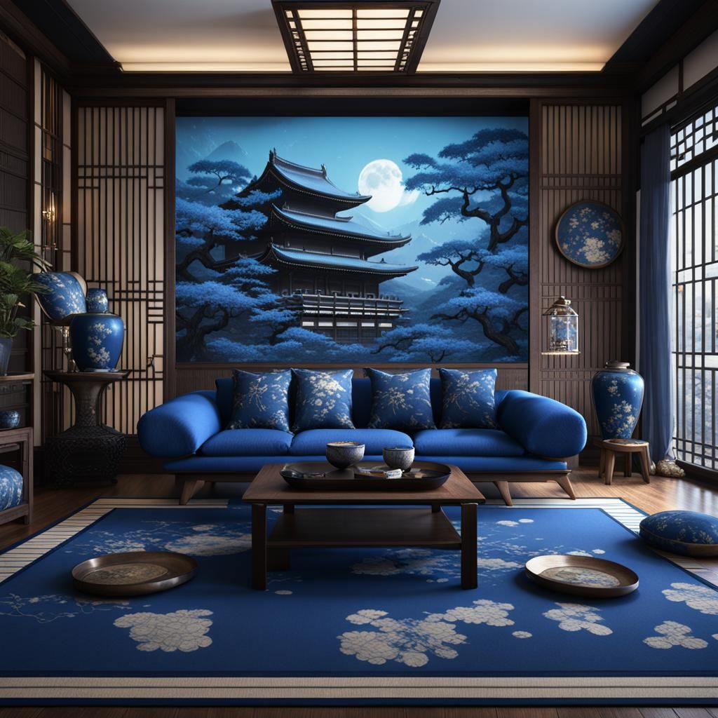 Blue and Black Japanese Living Room in Detailed Matte Style