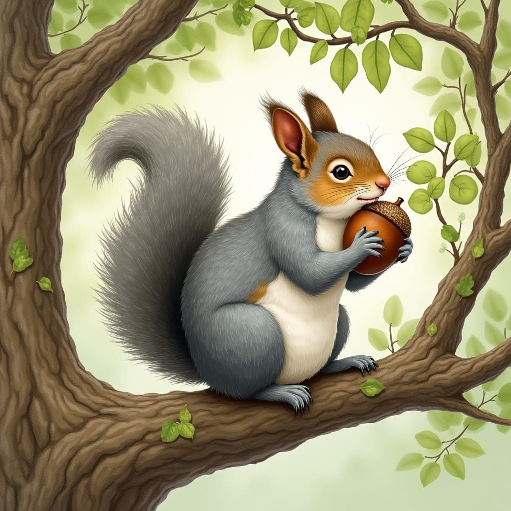Squirrel Nibbling Acorn in Whimsical Style