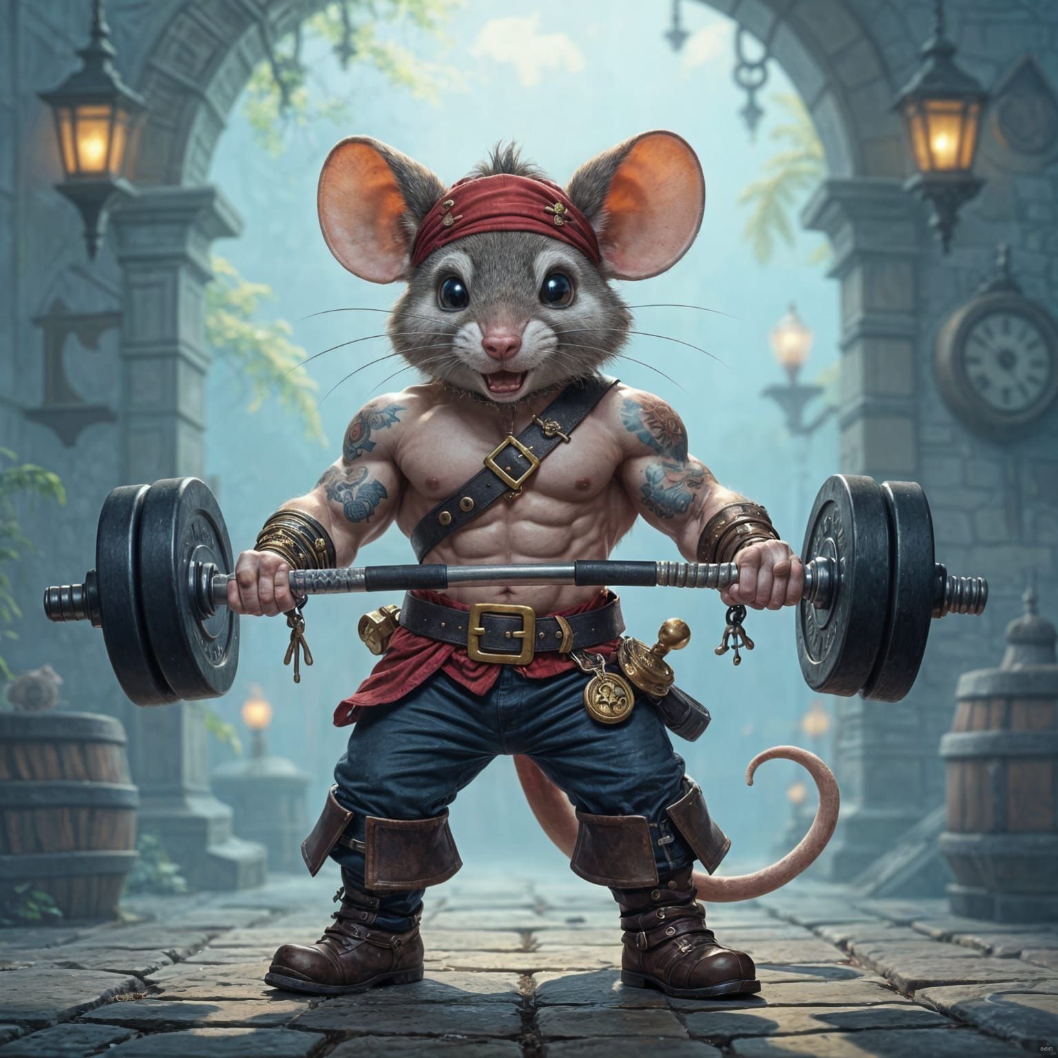 Muscular Pirate Mouse Lifts Weights in Ethereal Fantasy Styl...