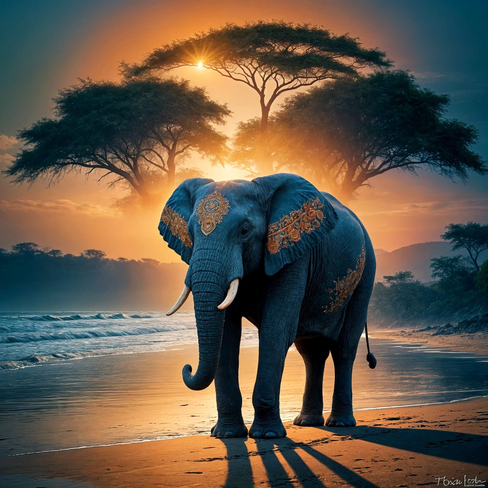 Elephant at Sunset on Sandy Beach in Vibrant Color