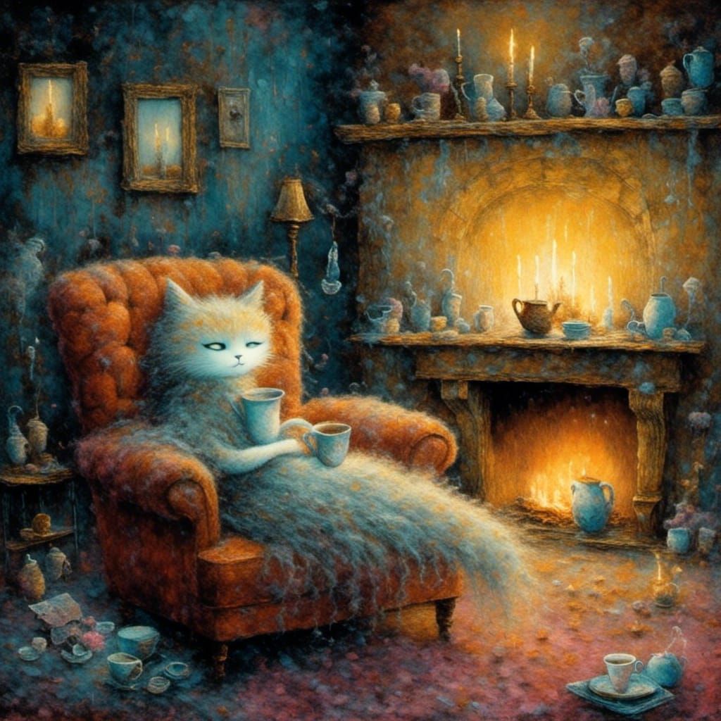 Ghost and Cat Enjoying Coffee: Oil Painting