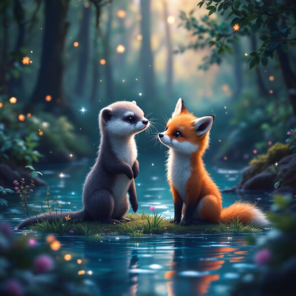 Magical Encounter: Otter and Fox in Dreamy Style