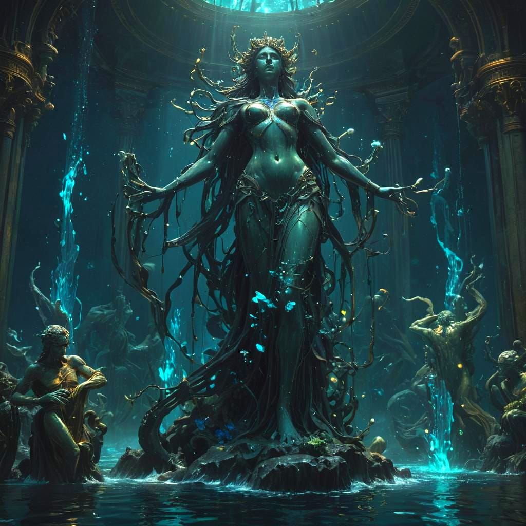 Epic Underwater Statues in Dark Fantasy Style