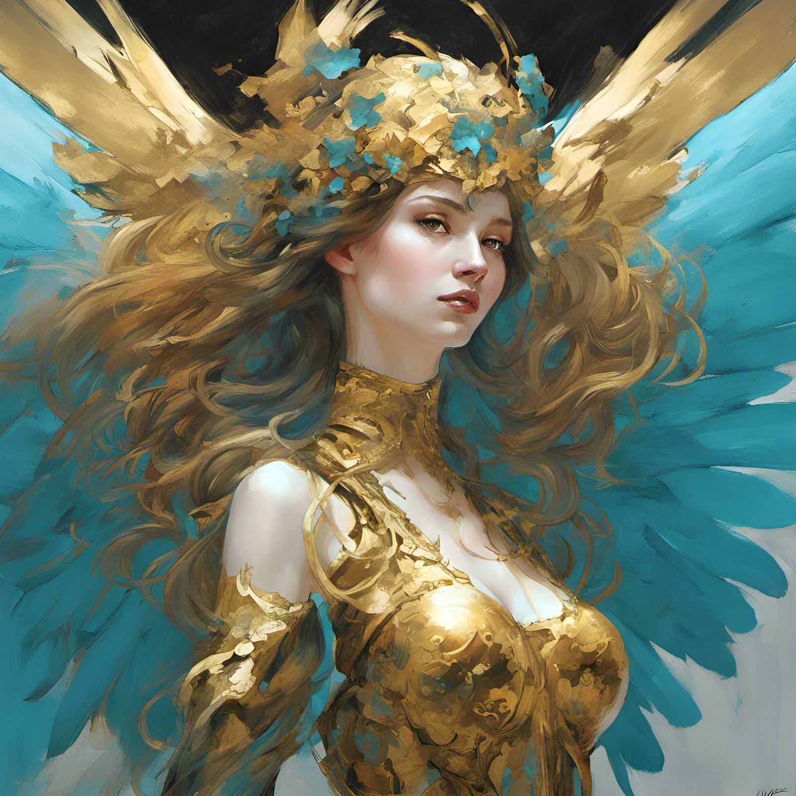 Angelic Beauty: Gold and Cyan Fantasy Realism