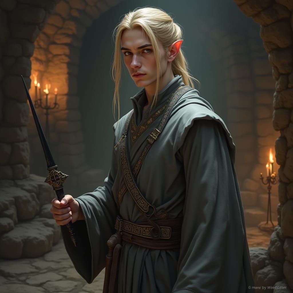 Half-Elf Sorcerer in Dungeon: Photorealistic Fantasy Portrai...