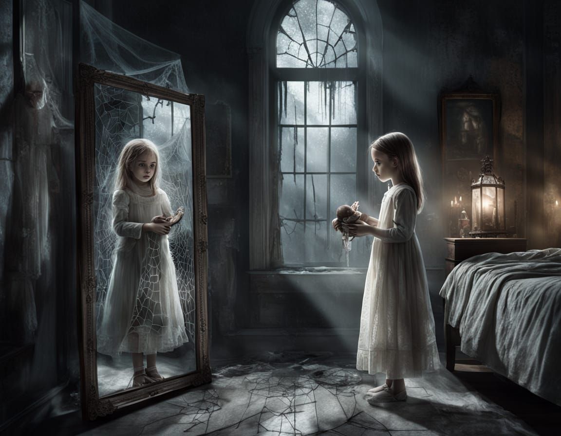 Ethereal Dark Fantasy of a Ghostly Girl in a Neglected Bedro...