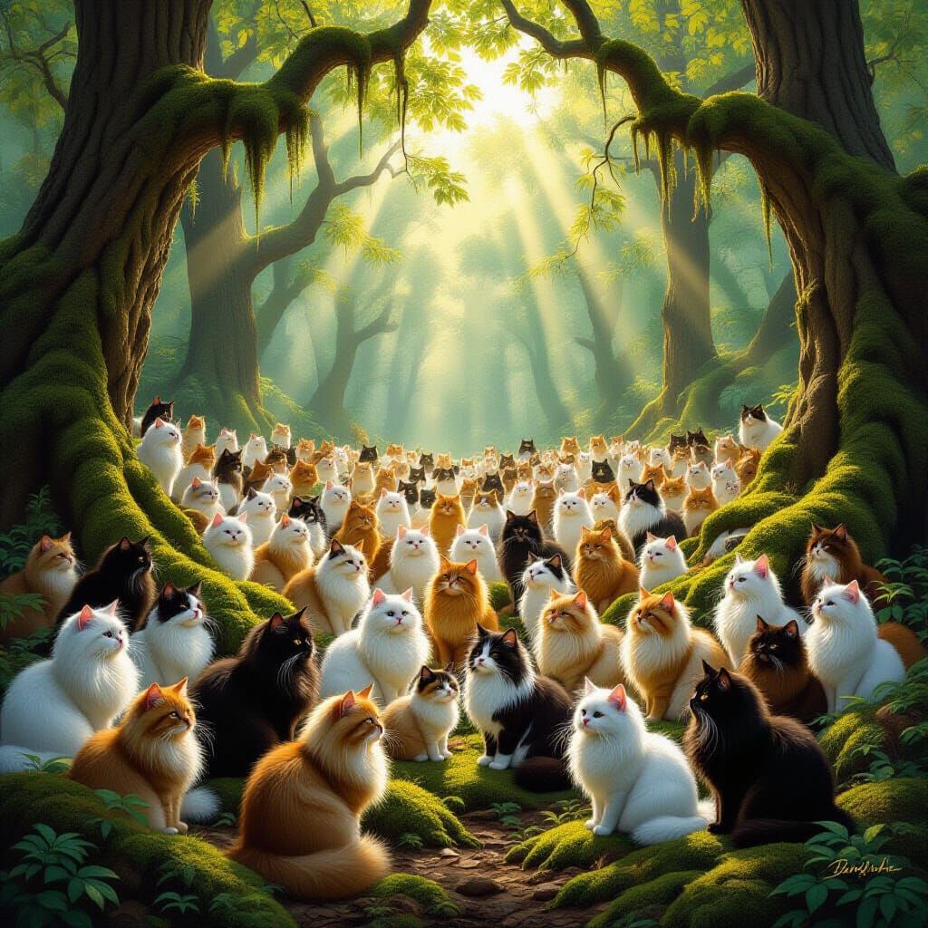Diverse Cats Gather in Sun-Dappled Ancient Forest