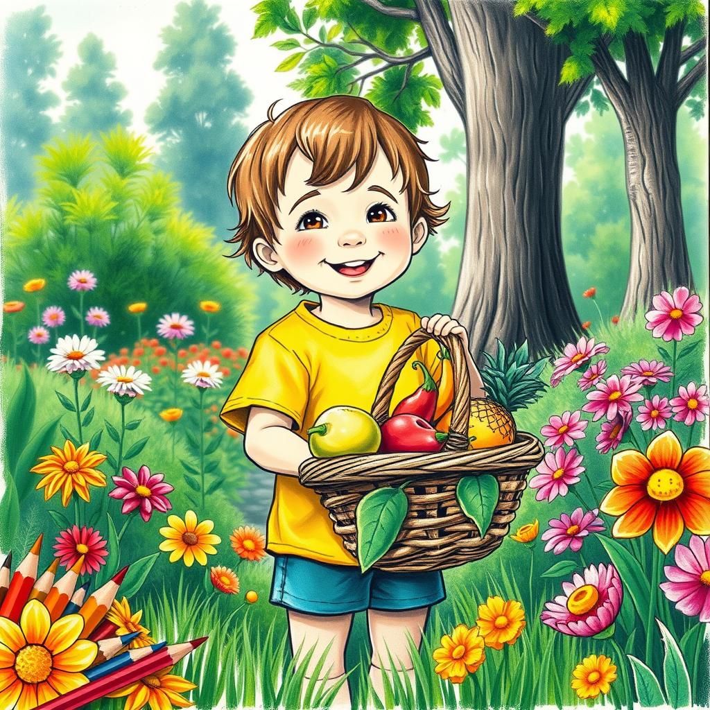 Child in Garden with Fruit Basket