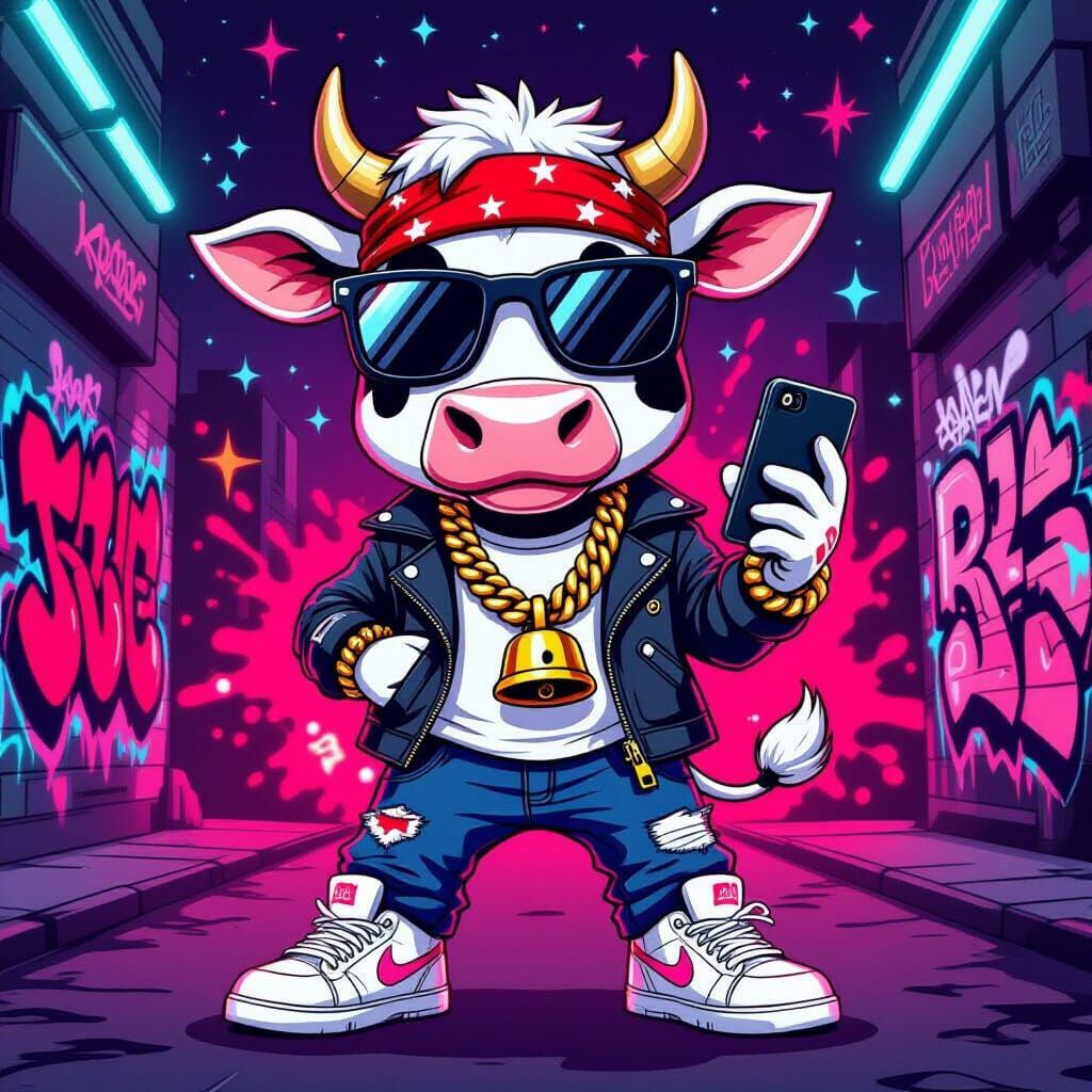 Hip Hop Cow Character in Streetwear with Sunglasses