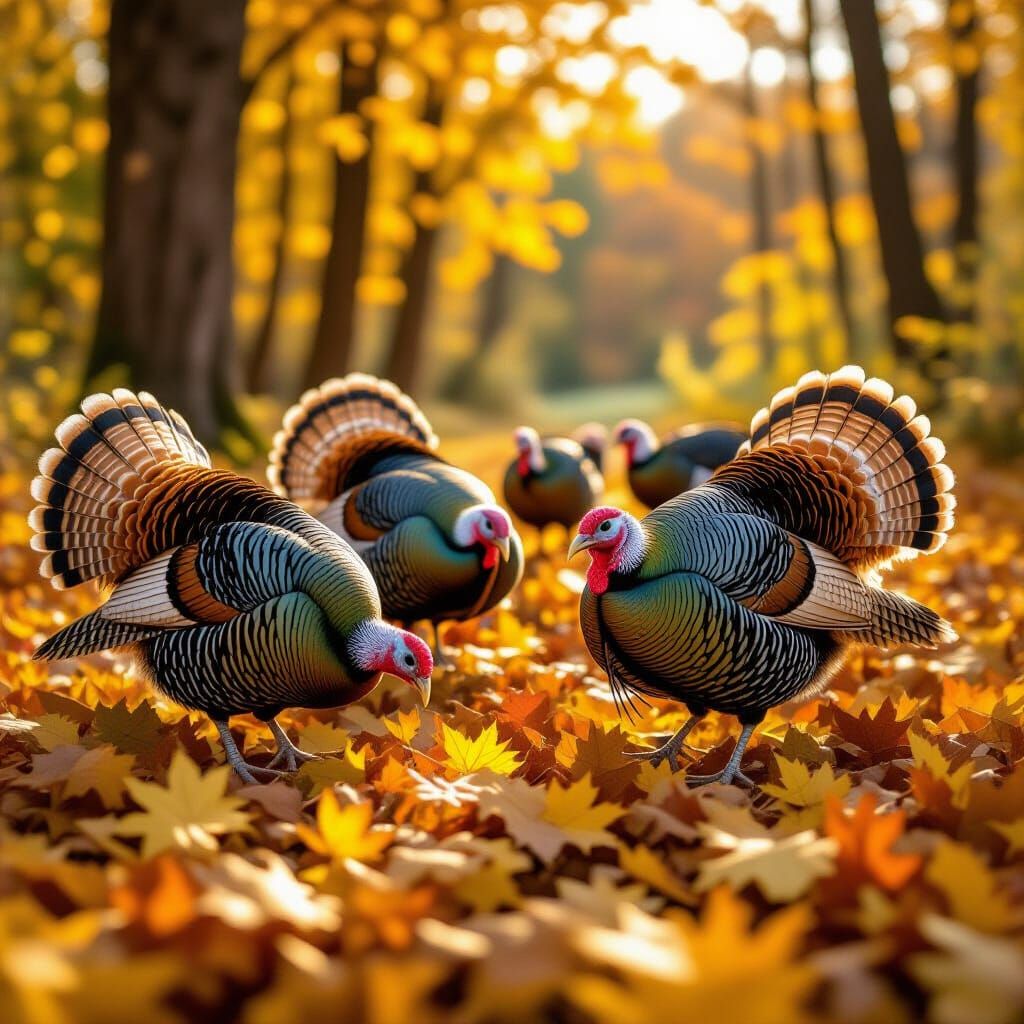 Photorealistic Turkeys Foraging in Autumn Leaves