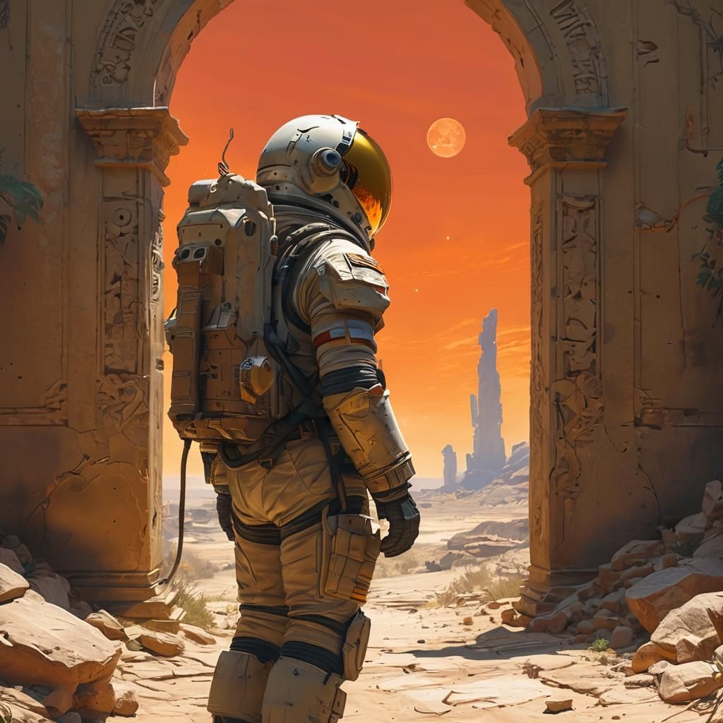 Astronaut Explores Ancient Ruins in Oil Painting