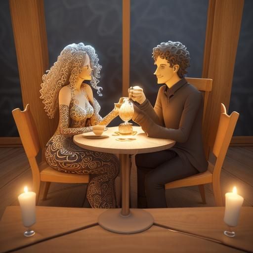 Romantic Candlelit Dinner in Cafe, Abstract Fractal Art