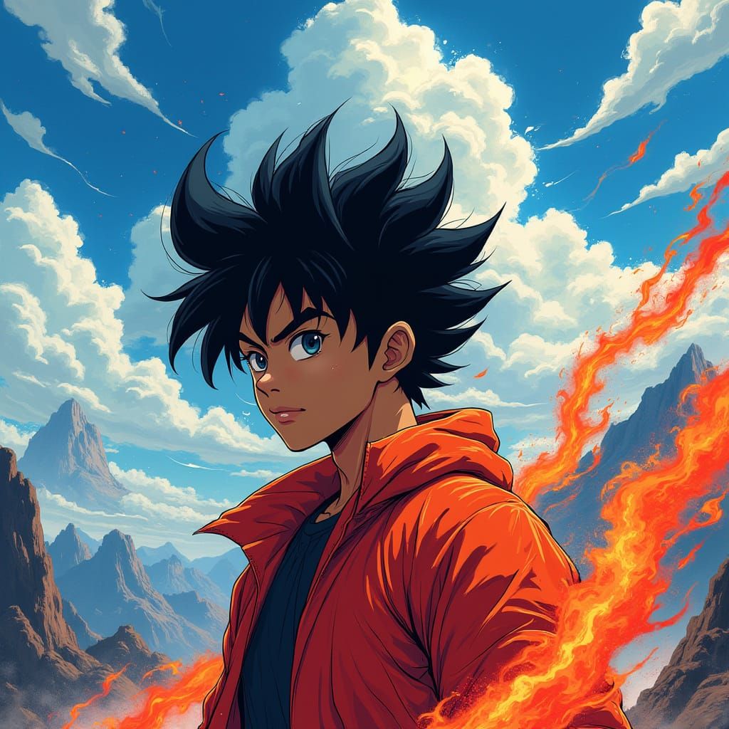 Epic Anime Portrait of a Young Man in Fiery Red Attire