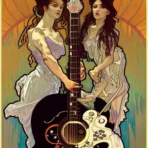 Saloon Girls Play Guitars in Art Nouveau Style