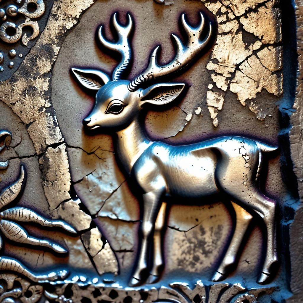 Cracked Silver Deer Painting in Ancient Art Style