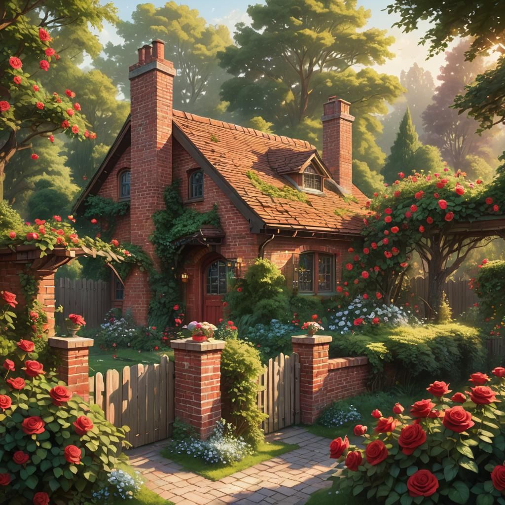 Cozy Brick House with Lush Garden in Digital Art