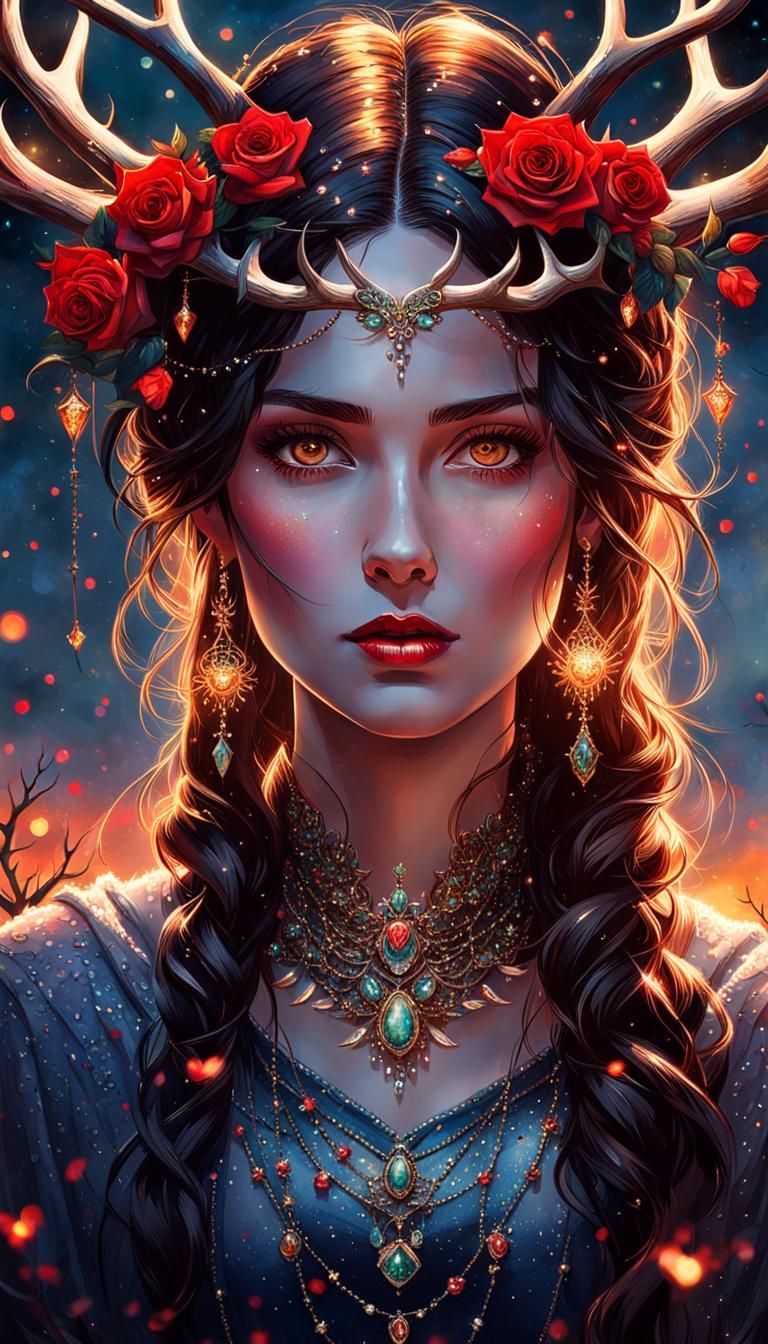 Girl with Antlers, Roses, and Sunset Sparkles