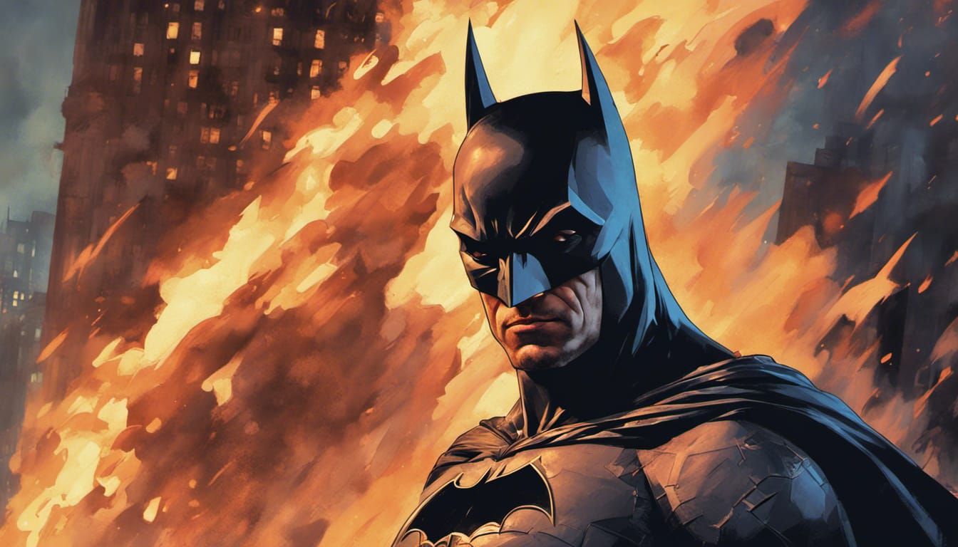 Batman in Burning Gotham: Hyperrealistic Concept Art