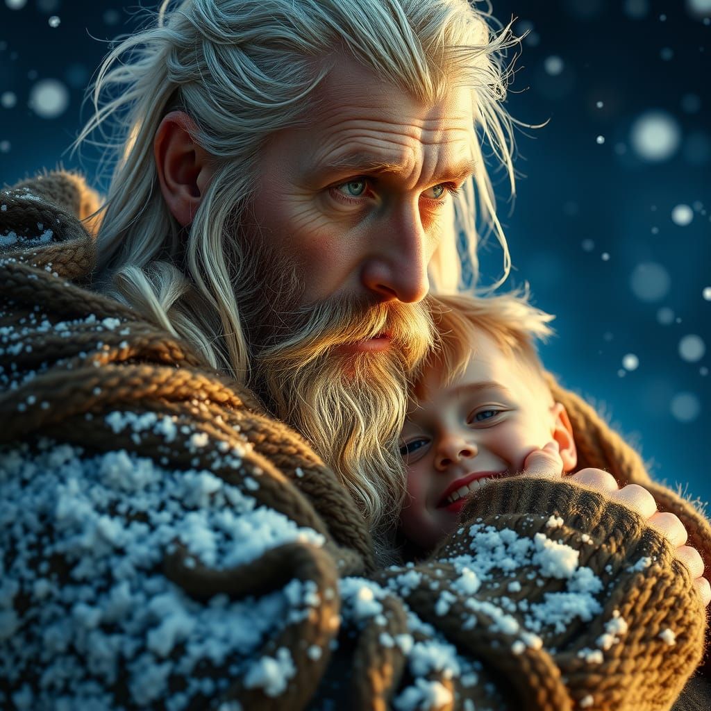 Viking Embraces Child in Snowy, Intimate Portrait