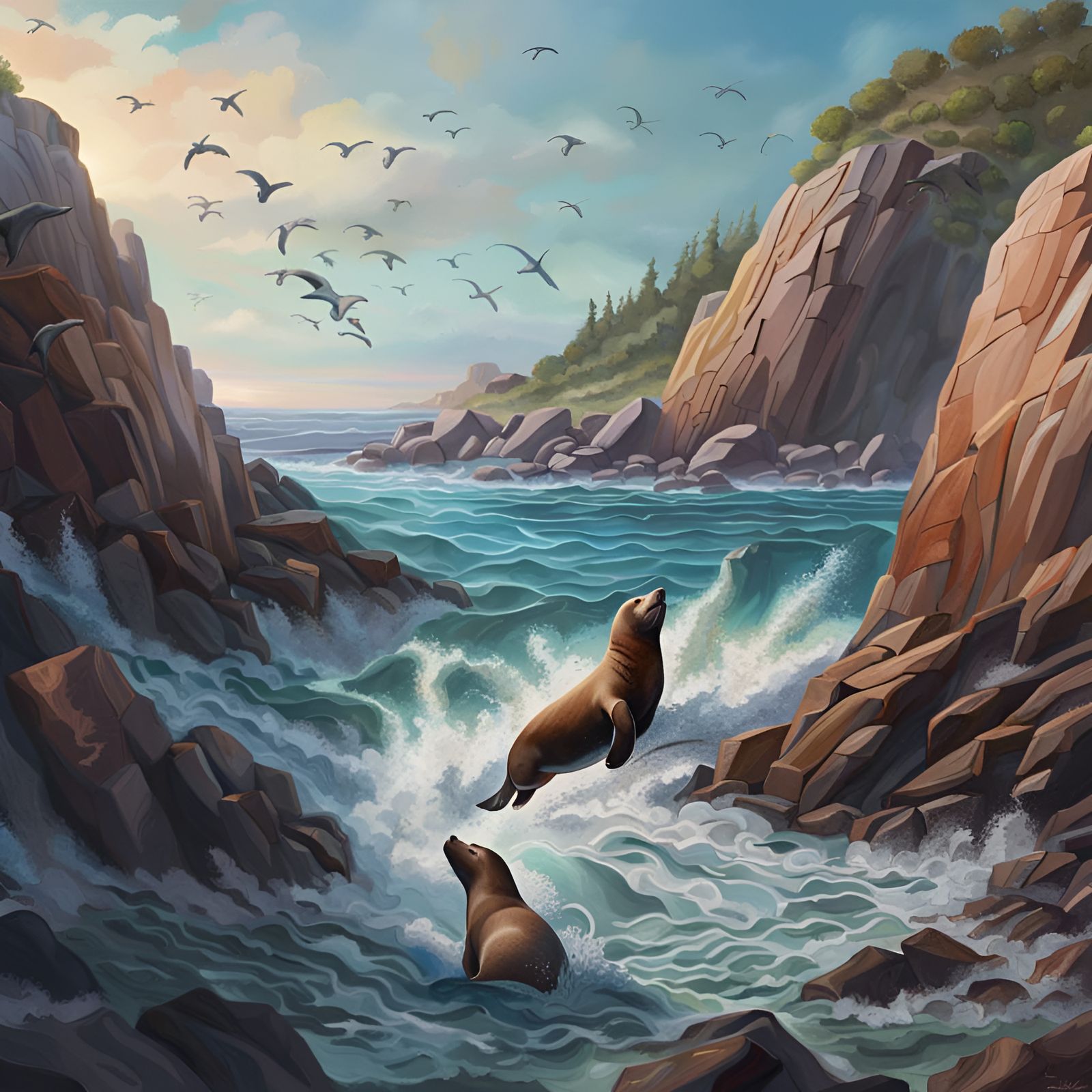 Hyperrealistic Rocky Shoreline with Sea Lions