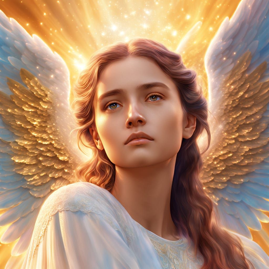 Ethereal Angel with Golden Wings in Heaven