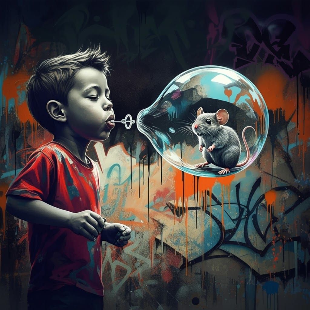 Boy Blowing Bubble with Mouse, Urban Street Art