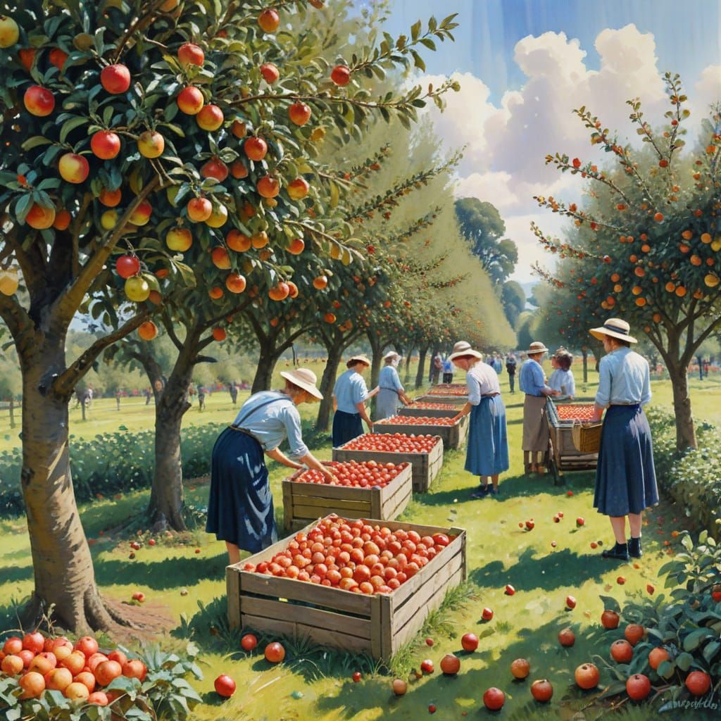 Vibrant Autumn Harvest Scene in Gouache