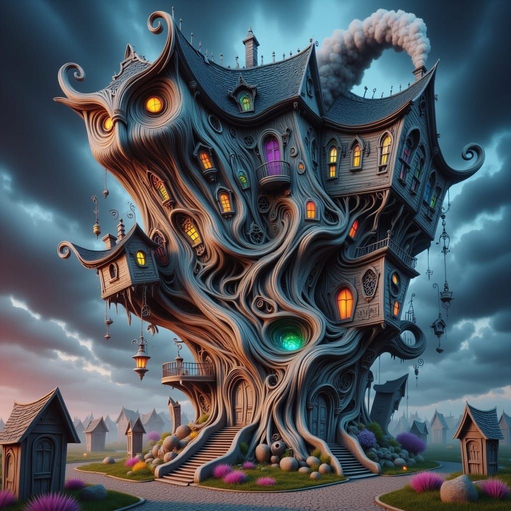 Owl Treehouse Fusion: Surreal Architecture in Mystical Art