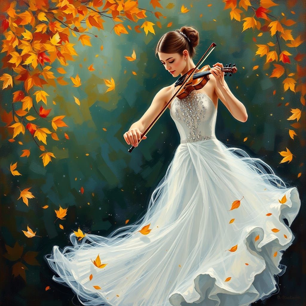 A mesmerizing impasto oil painting in the style of Monet, portraying a graceful ballerina with a violin, enveloped in a ...