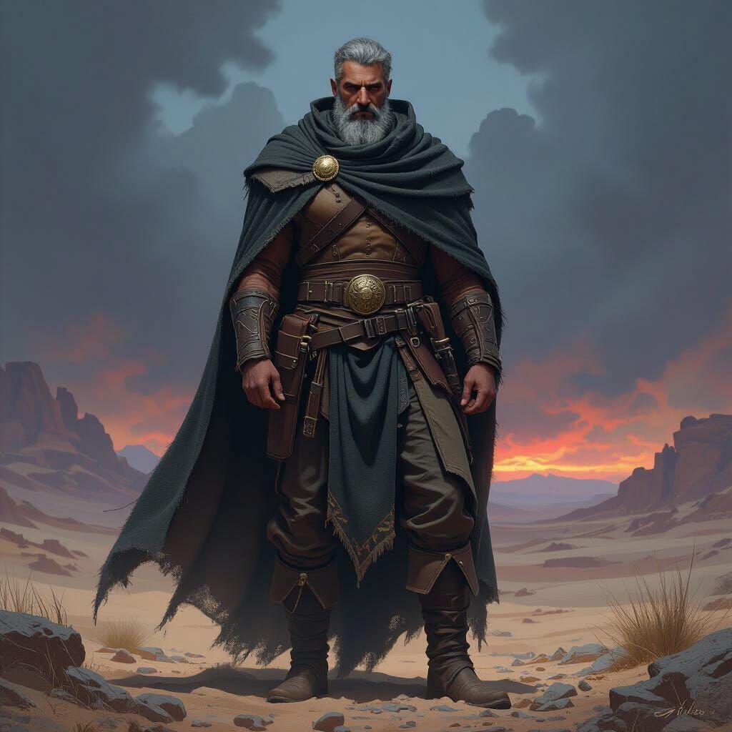 Nomadic Leader in Dark Fantasy Landscape