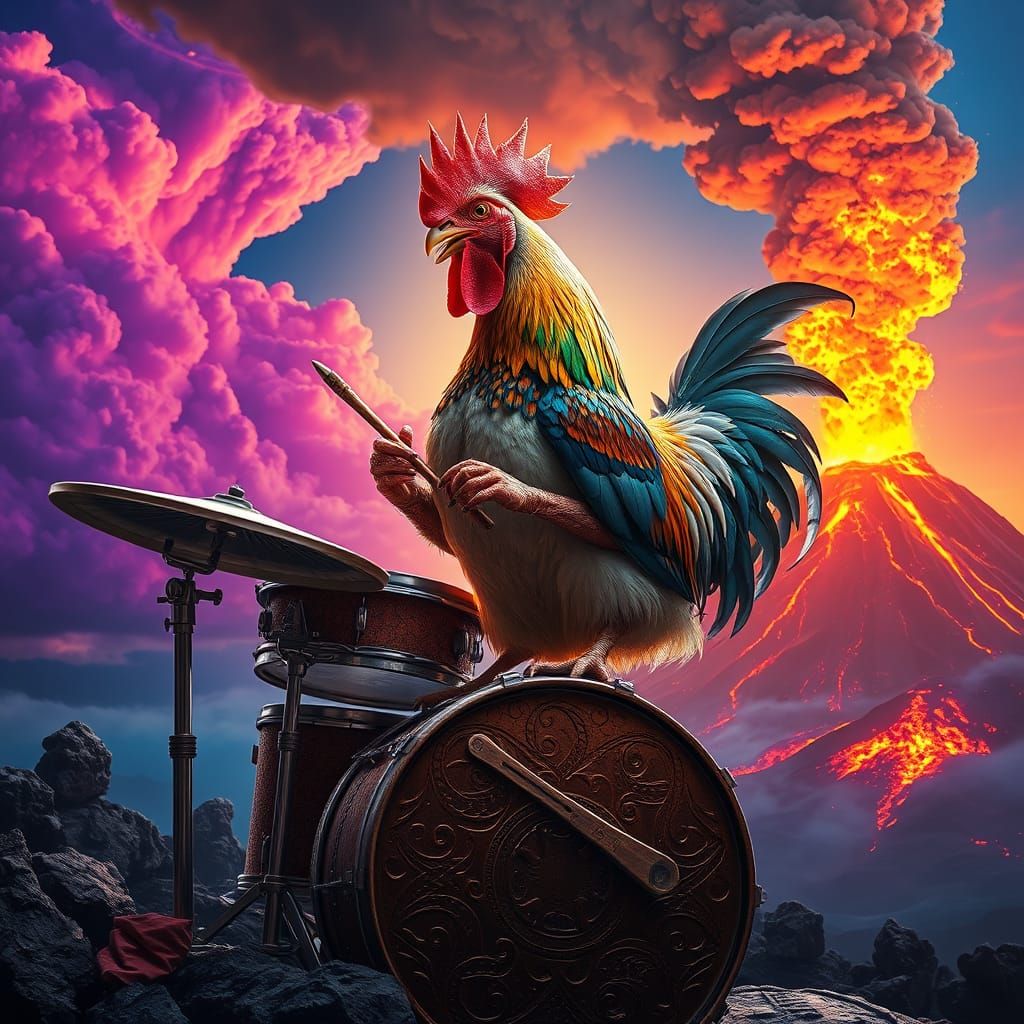 Majestic Chicken Drum Solo amidst Volcanic Eruption in Vibra...