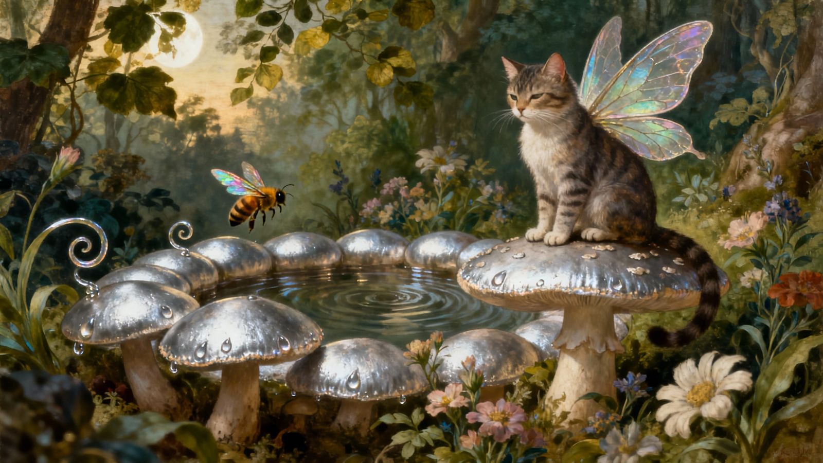 Fairy Cat Watches Bee in Enchanted Mushroom Ring at Dawn
