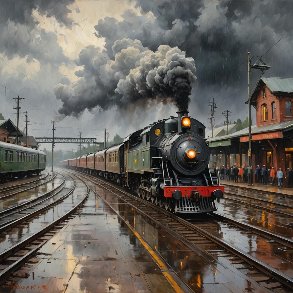 Old Train in Rainy Station: Oil Painting