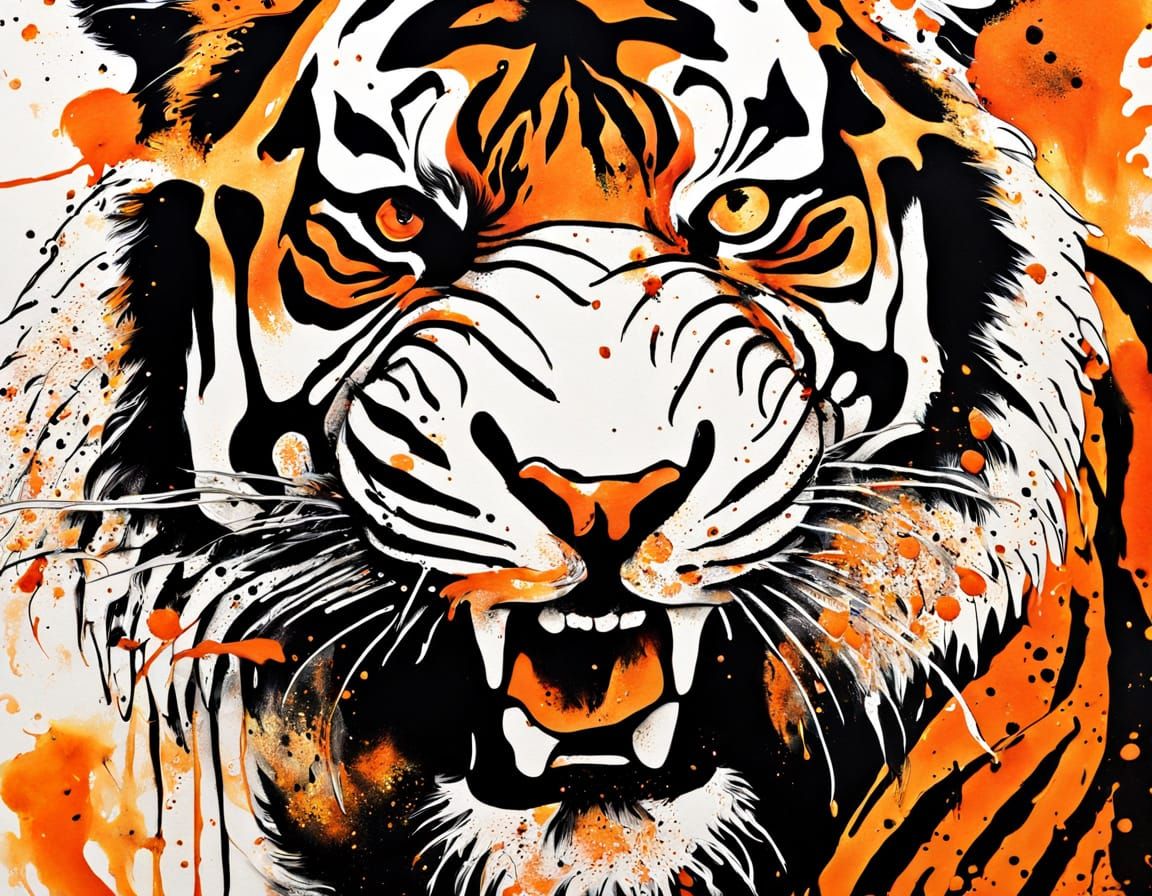 Surreal Abstract Tigers in Ink with Expressive Brushstrokes