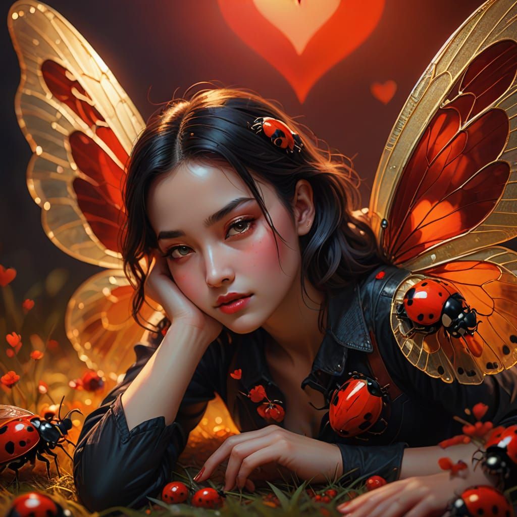 Woman with Translucent Wings and Red Heart in Macro Photogra...