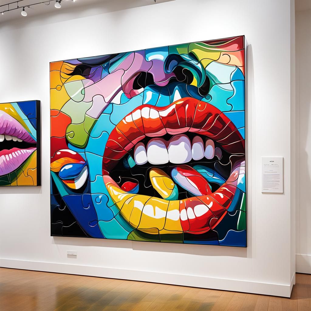 Surreal Jigsaw Tongue Licking Art in Gallery