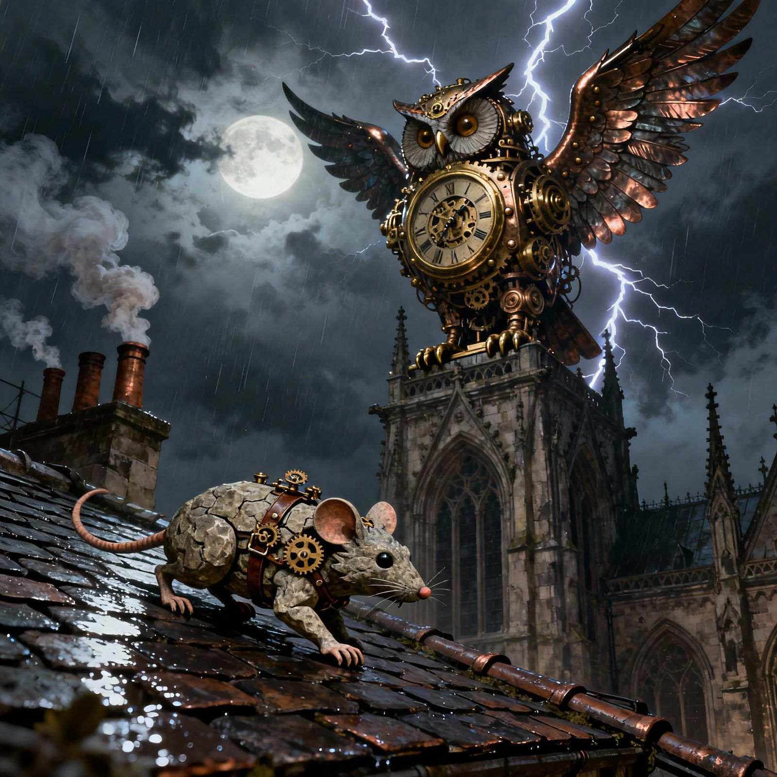 Clockwork Owl Over Gothic Cathedral Under Moonlit Sky
