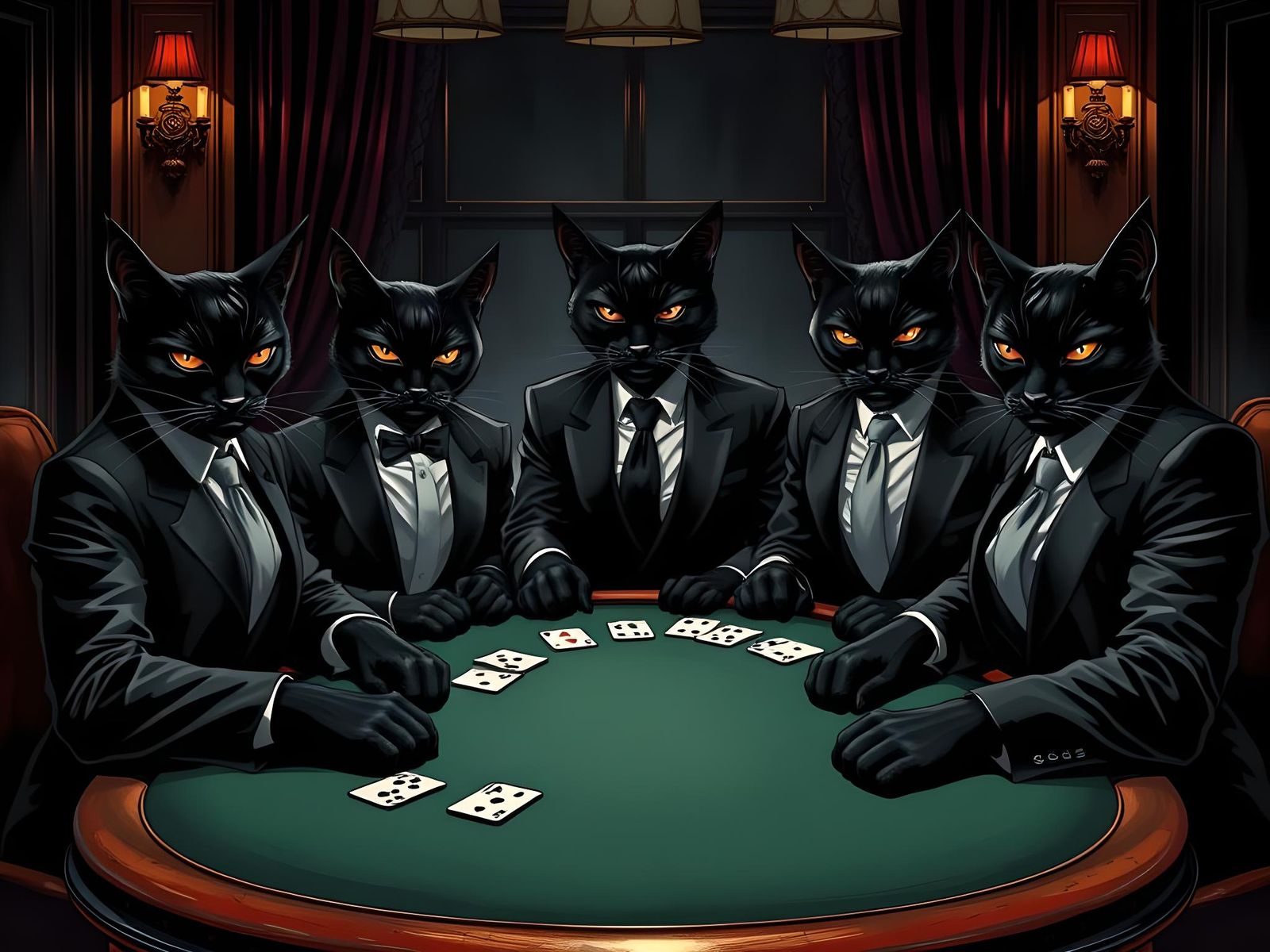 Five sleek black cats playing poker.