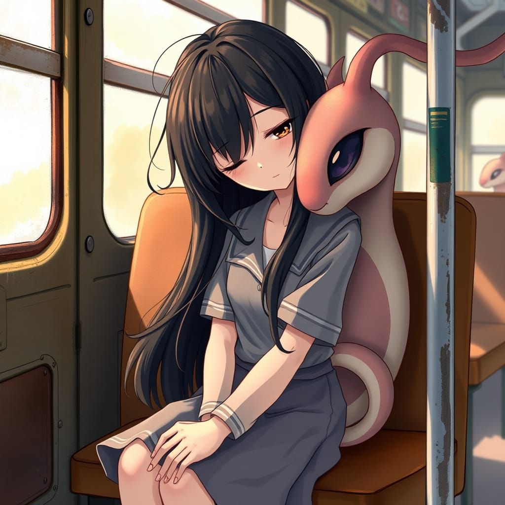 Whimsical Anime Girl in Miyazaki-Inspired Bus Scene