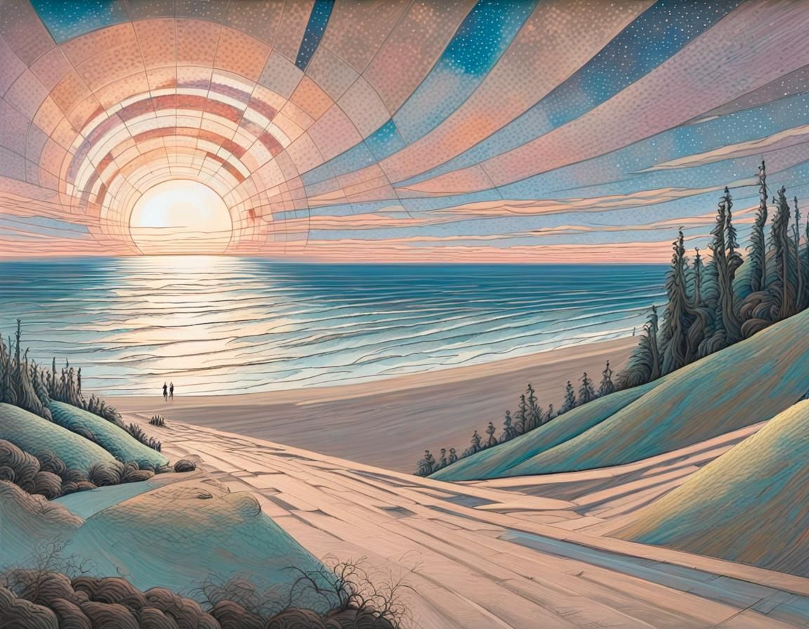 Surreal Seaside Landscape with Astral Elements