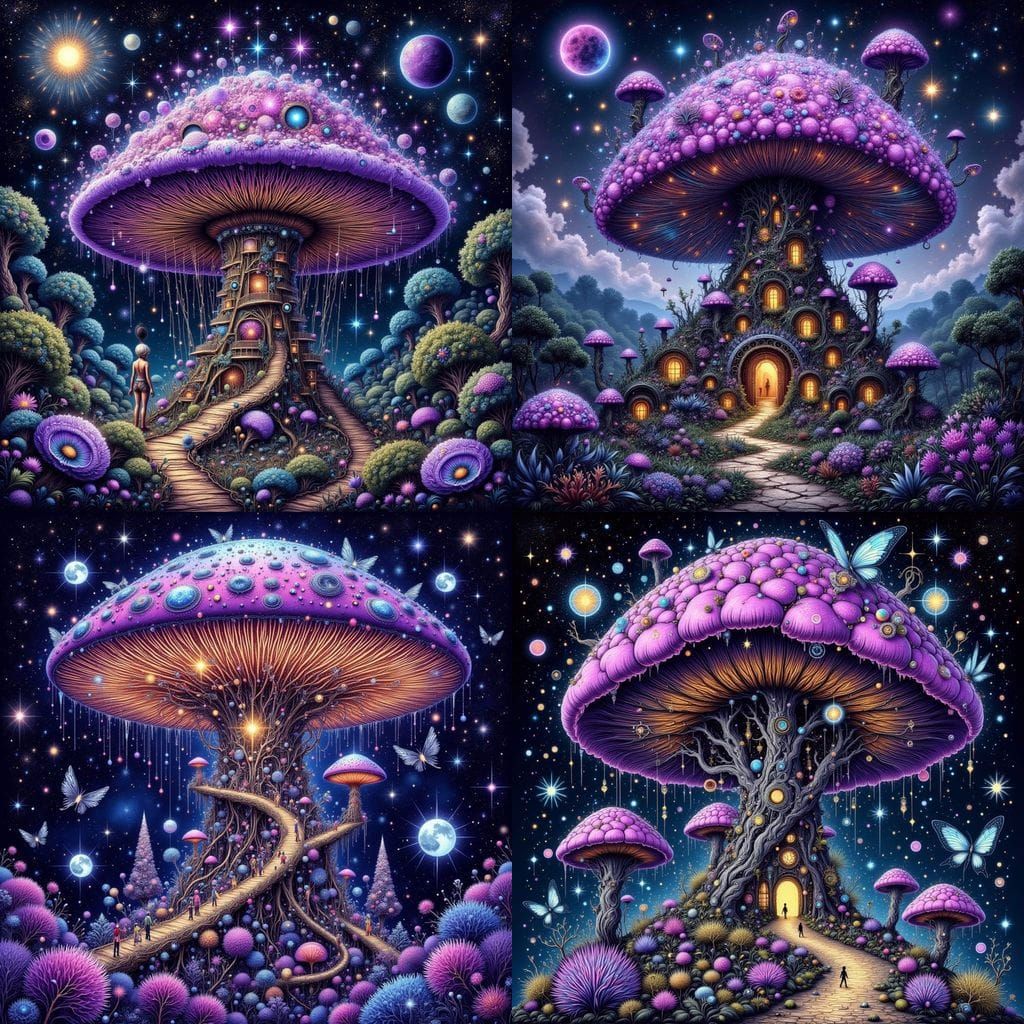 Solarpunk Village in Bioluminescent Fairy Mushroom, Blending...