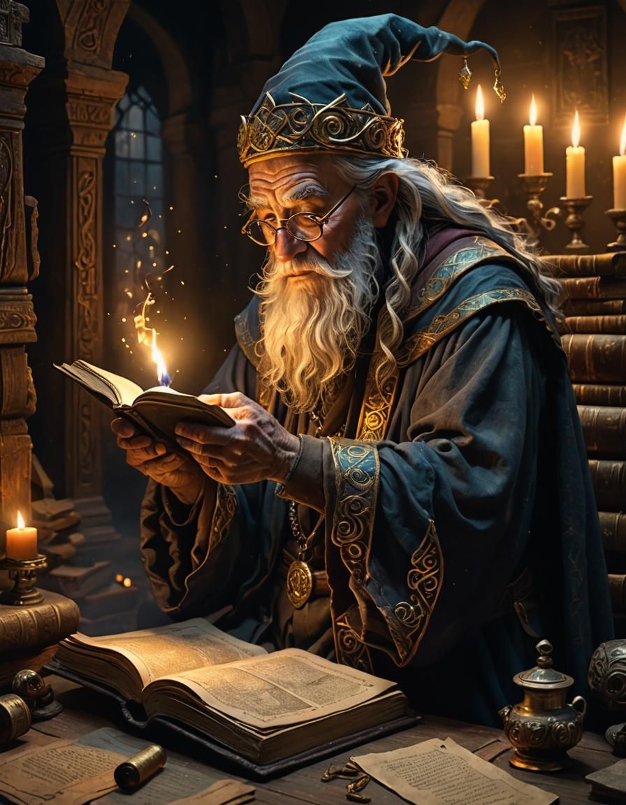 Wise Wizard Reading Spellbook in Candlelit Study
